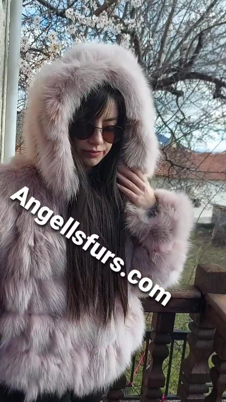 PINK HOODED FOX Fur Jacket!brand New Real Natural Genuine Fur