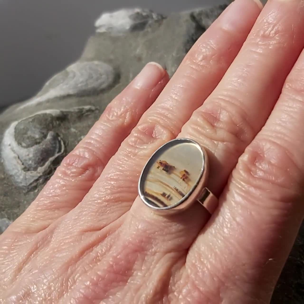 ファッション姫 通販 Sterling Agate Picture Silver Huts With Scene Desert Ring, アクセサリー
