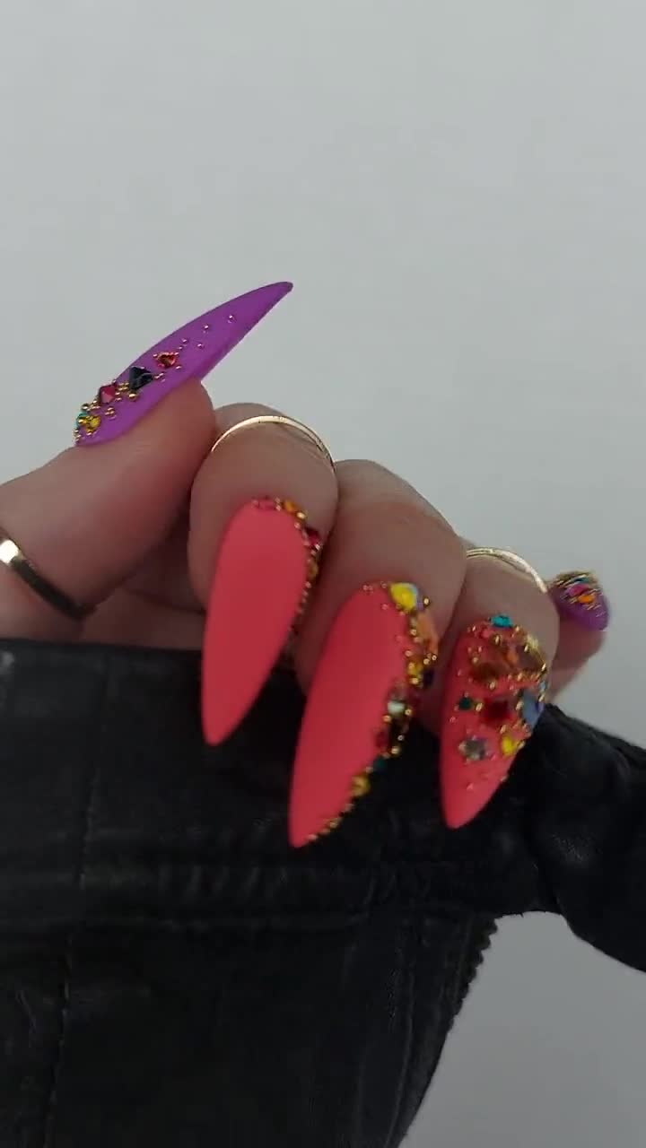 Hard Gel Sculpted Press on Nails Cascading Crystals on Matte Neon -   Denmark