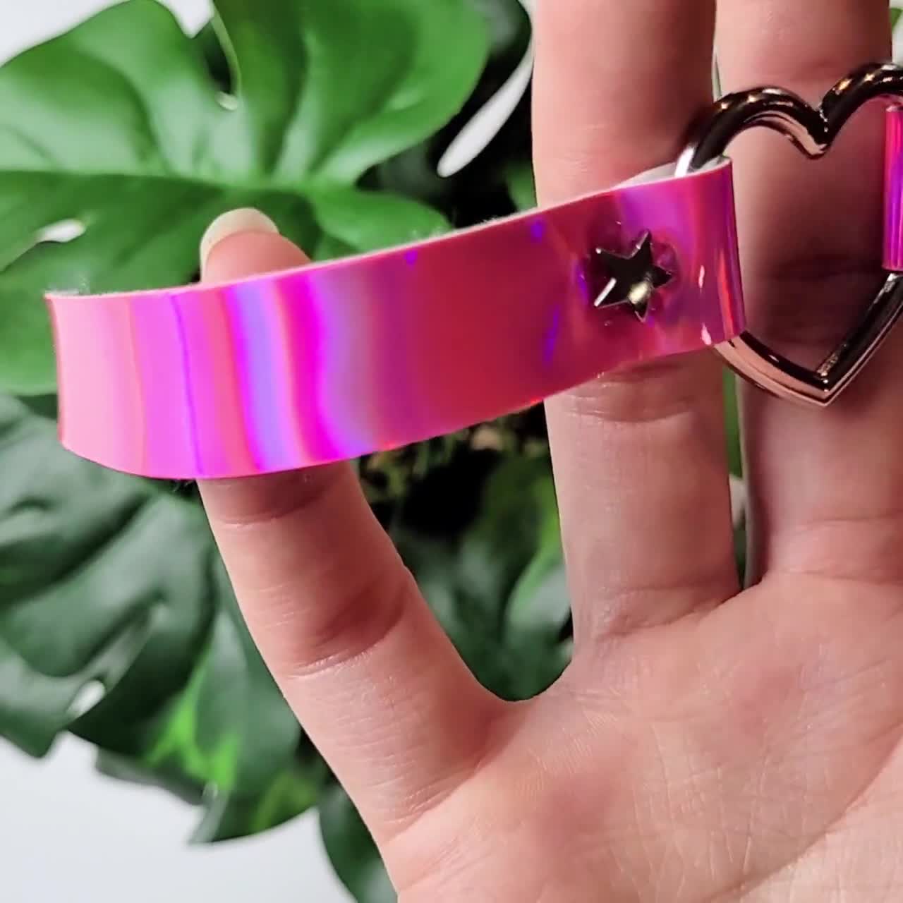 Hot Pink Holographic Choker Collar, Iridescent Heart O Ring