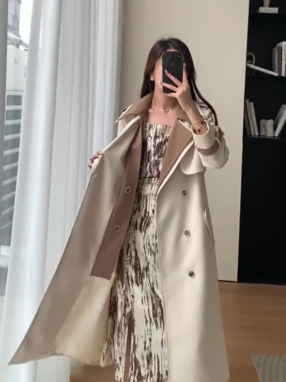 Women Beige Contrast Trench Coat,Double Breasted Coat,Khaki Trench  Women,Belted Trench,Spring Trench Jacket,Long rain Coat,Duster Coat Women