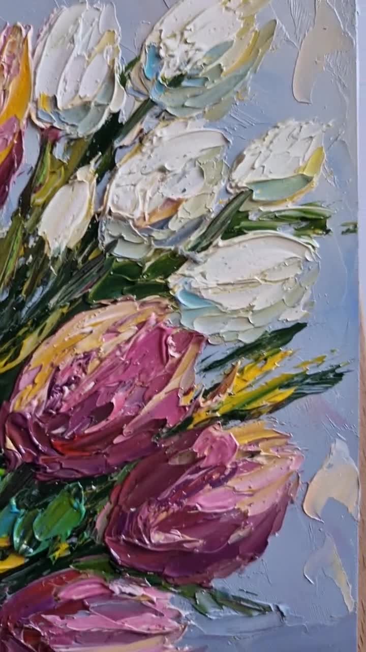 インパストチューリップ油絵、赤と白の花のアート（8 x 6インチ