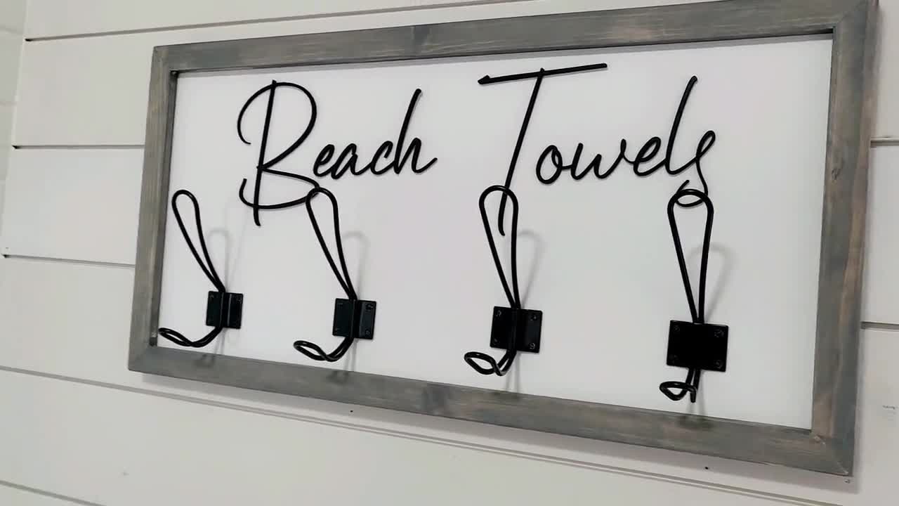 3D Beach towel sign with hooks, Wood Bathroom sign, farmhouse