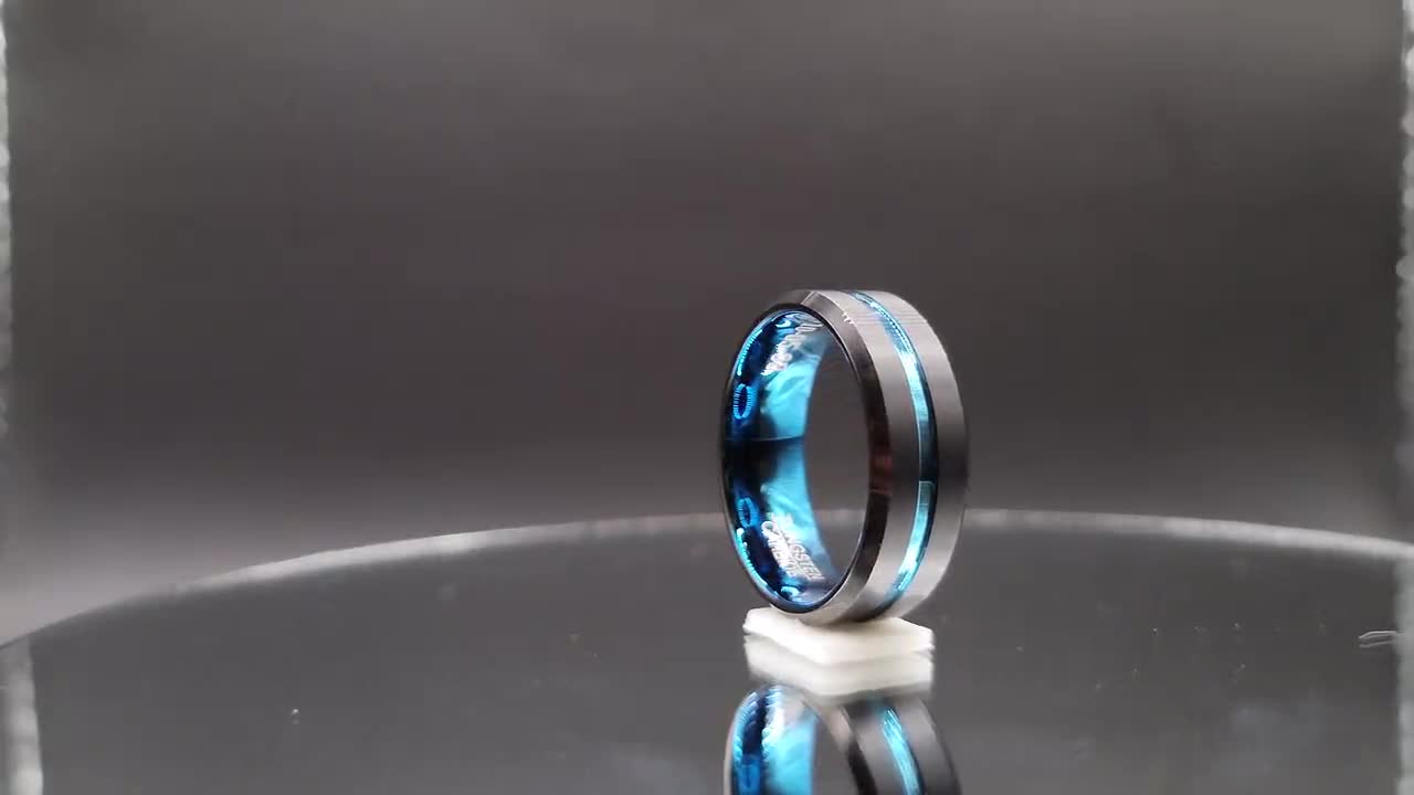 Anello In Tungsteno Nero Blue Line, Fede Nuziale Personalizzata - Foto 3