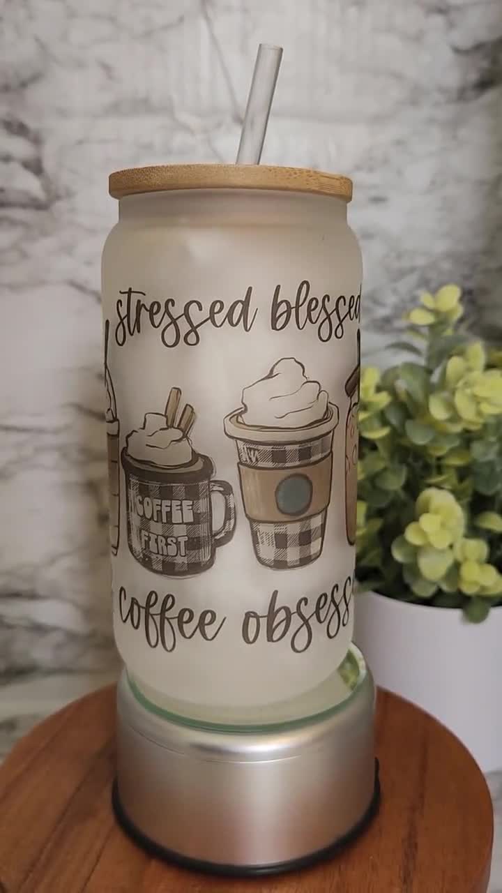Stressed Blessed Coffee Cup, Fall Coffee Cup, Iced Coffee Cup , Glass Cup  With Lid and Straw , Gifts for Women, Coffee Aesthetic 