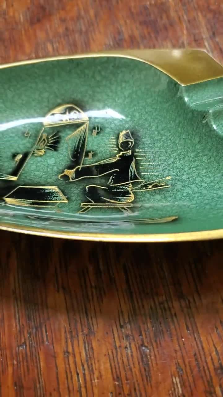 Oppenheim Israel Brass & Green Enamel Ashtray Judaica MCM Hand