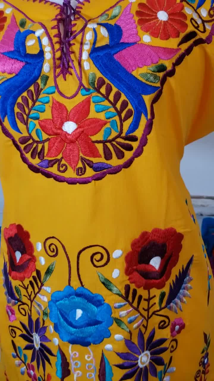 sachin and babi light blue dress Mexican Embroidered Dress, Yellow Floral, Yellow Artisanal Mexican Dress,  Floral Mexican, Mexican Themed Party Clothing, 5 de Mayo, May 5th