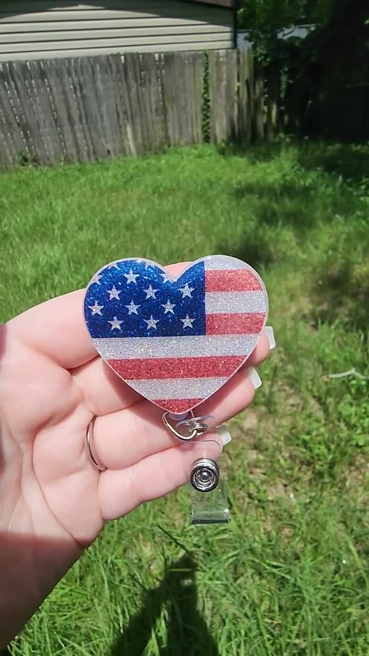 Glitter American Flag Heart Interchangeable Badge Reel 
