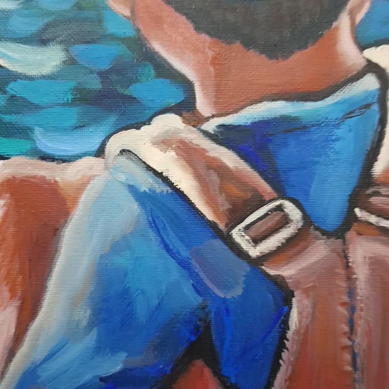 子犬を抱く少年の油絵 – 幼少期の友情、感動的な壁掛けアート (50 x 40