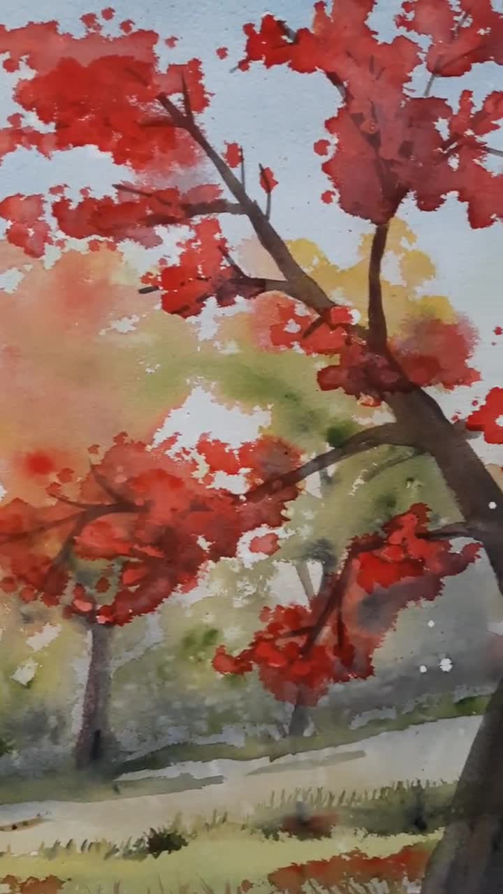 Red Sumac online and Fall Trees, 7x10 Small ORIGINAL Watercolor