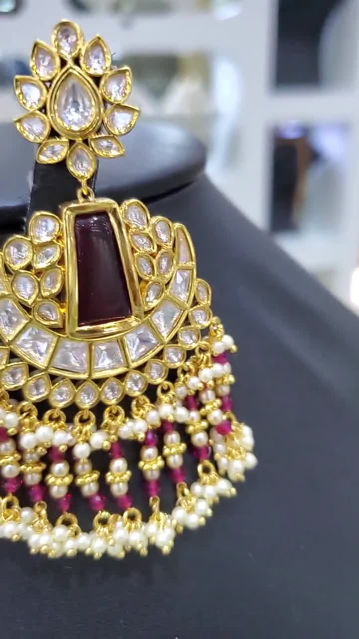 Kundan Polki Ruby Jadau Silver Chandbali Earrings ,Sabyasachi  jewelry,Kundan Earrings,Polki Earrings Kundan Earrings, Gold Jadau Chandbali