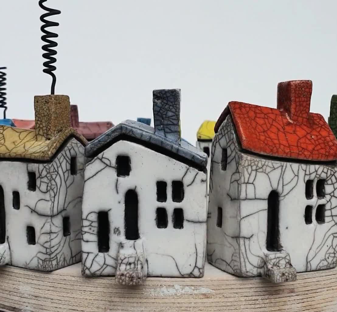 Set of 4 sale Raku houses & clocktower