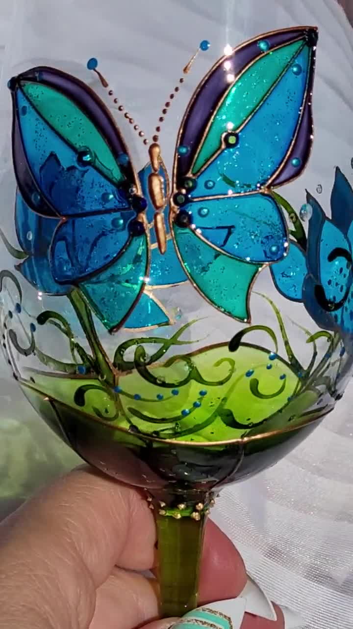 Handpainted Wine Goblets Set of Two Butterflies Flowers Painted Wine Glasses  Vintage Butterfly Wine Glasses Pretty Wine Glasses With Flowers 