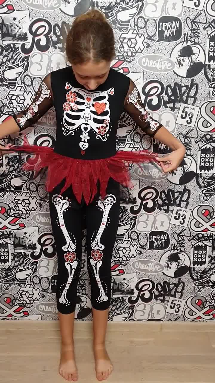 Girls Skull Print Crop Top & Legging Set - Skater Dress Halloween Costume For Ages 7-13 Years