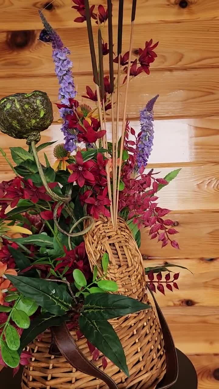 FISHING CREEL RUSTIC Floral Arrangement With Two Real Fishing Flies.  Wildflower Mixture, Cattails, Pods. Lodge Log Home Décor 