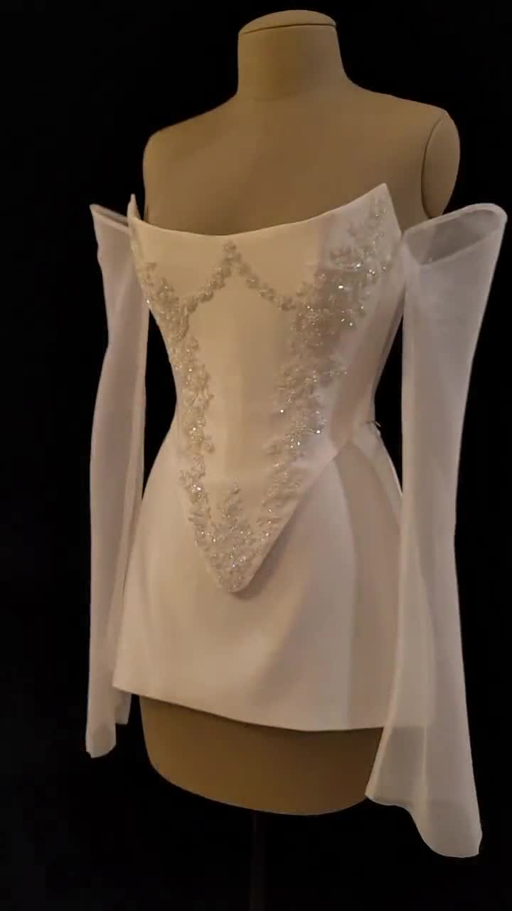 Pre-order Custom Bridal Cream Pearl White Satin Corset Mini Low V Back  Skirt Hand Beaded Lace Crystal Embroidered Sheer Long Sleeves Dress 