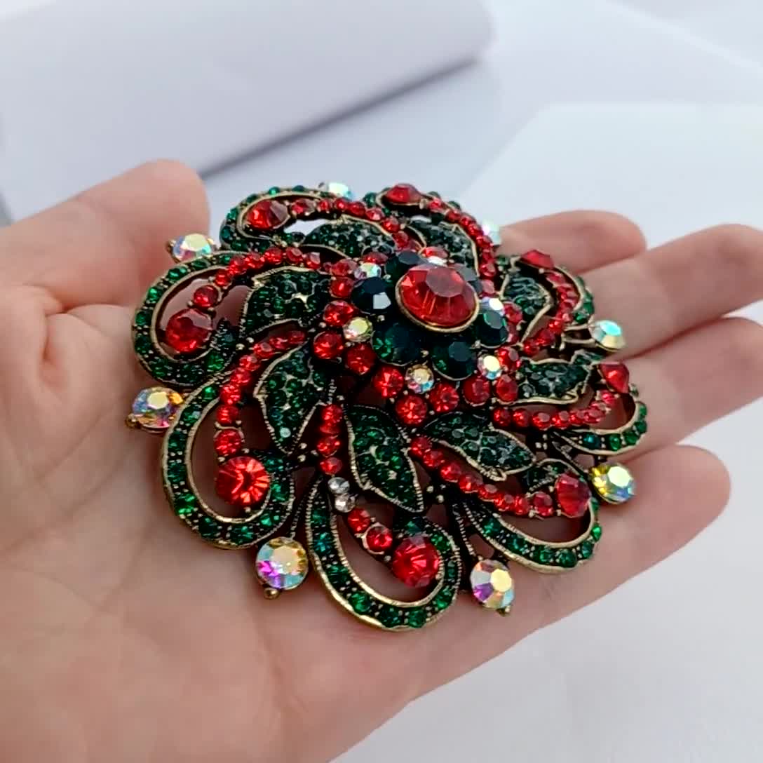 Crystal Flower Brooch, Large Brooches Pins, Red and Green Rhinestone Flower  Brooch, Party Dress Pin, 3 Inch Big Brooch, Christmas Crafts 