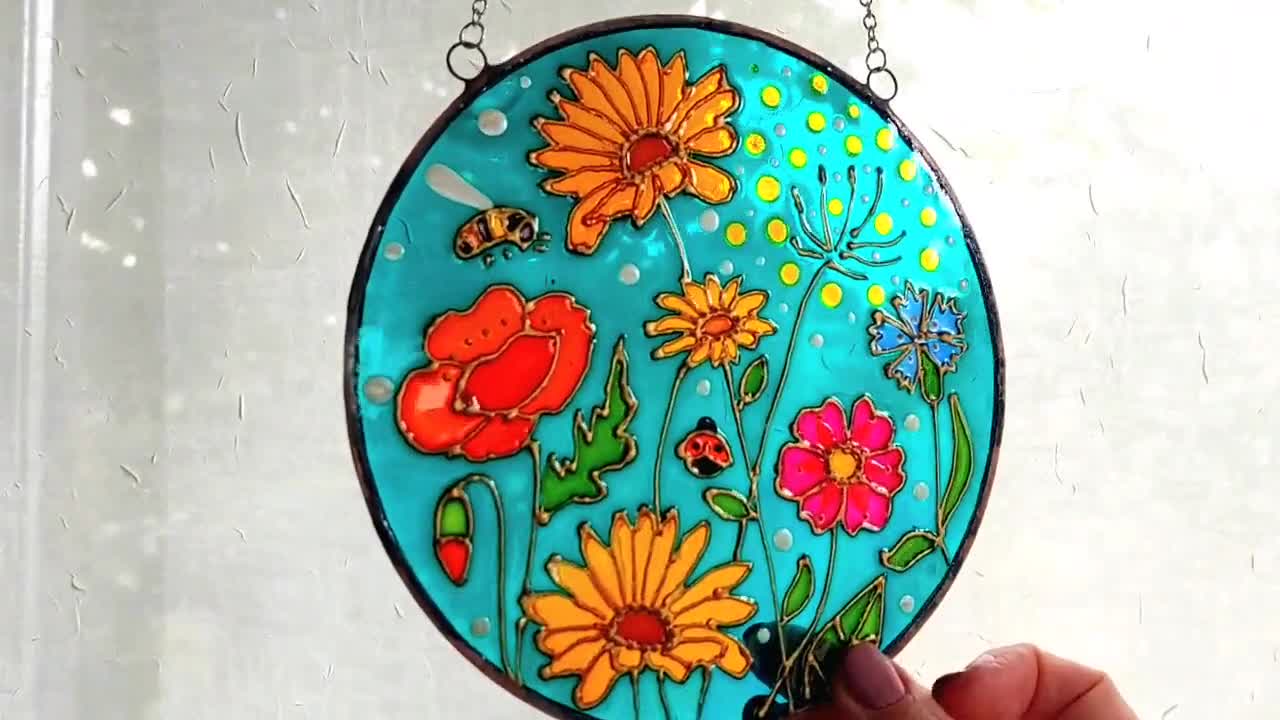 Daisy and Poppies Hand Painted Stained Glass Window Hanging. Unique  Botanical Glass Art. Flowers Sun Catcher. Turquoise Stained Glass -   Hong Kong