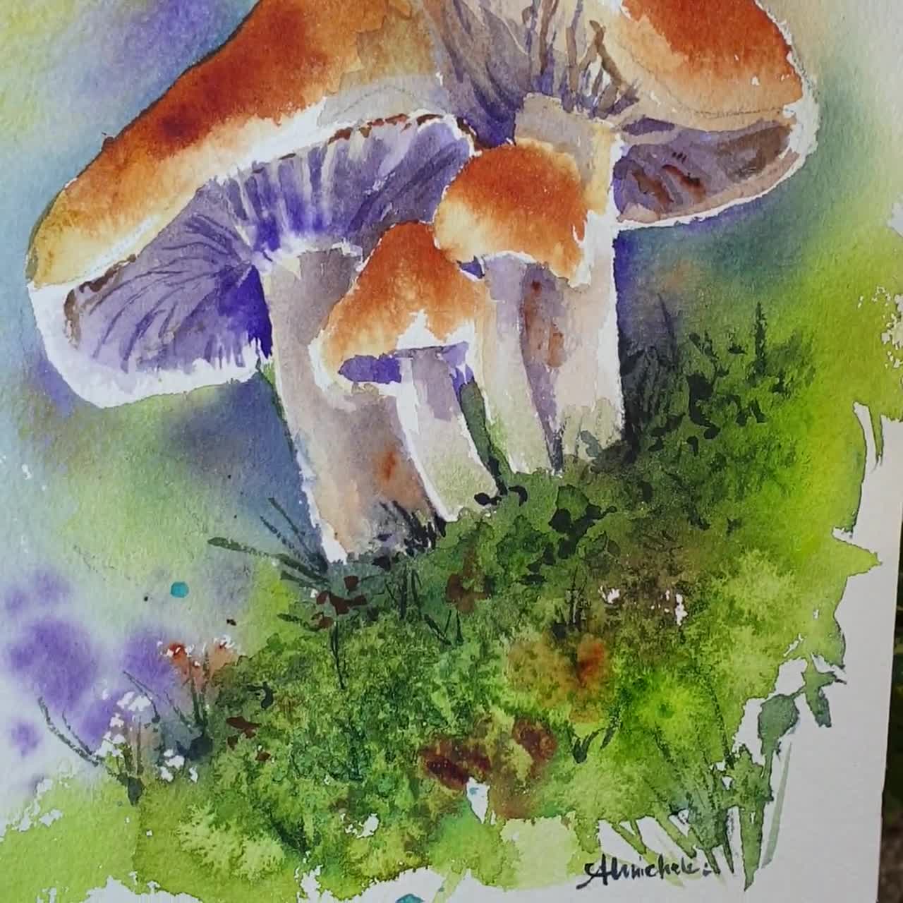 キノコのオリジナル水彩画、菌類の絵画、キッチンの壁の装飾、キノコの