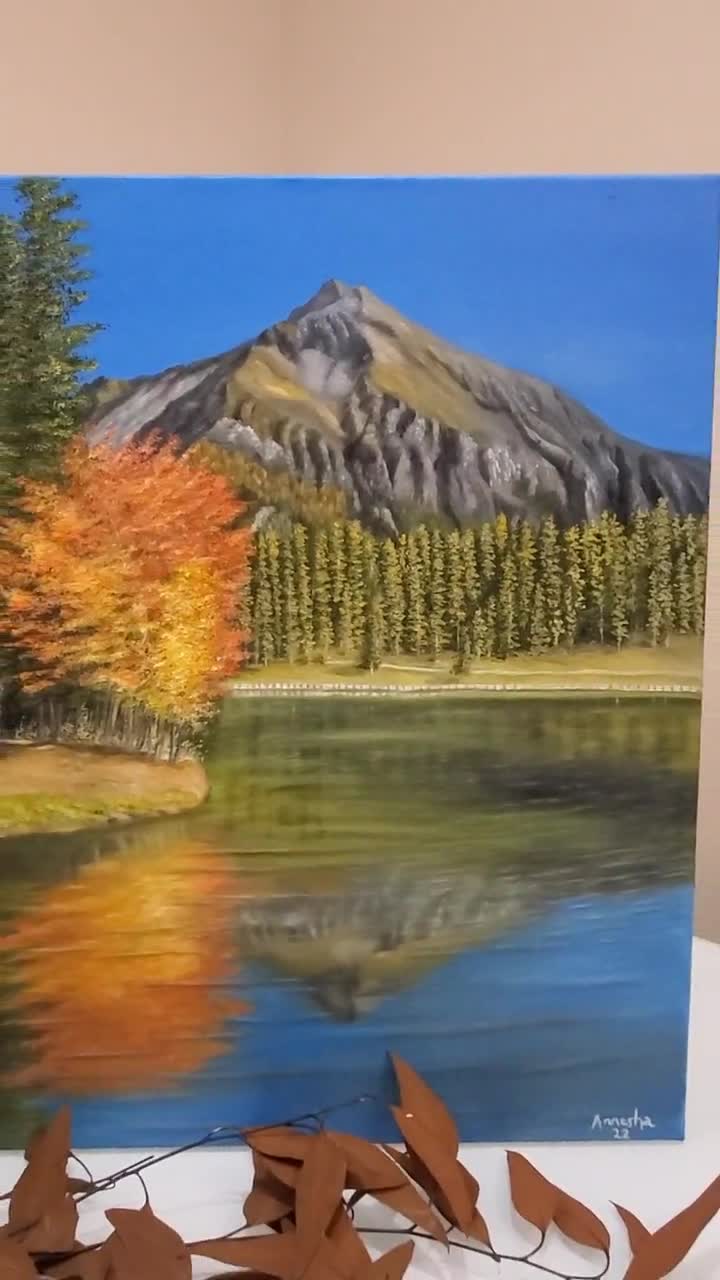 秋の湖の油絵：色鮮やかな秋の木々、風景画（20 x 16インチ） - Etsy 日本