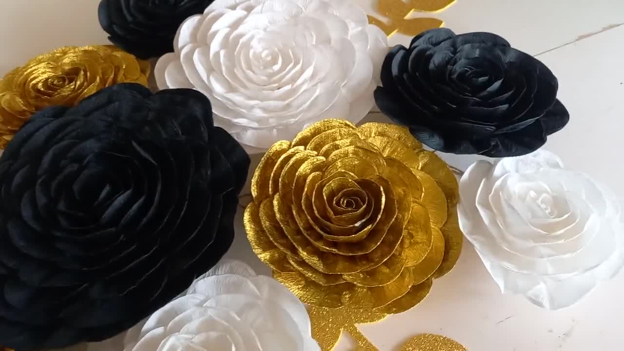 Large Crepe Paper Flowers Wall Decor, Gold Black White, Wedding