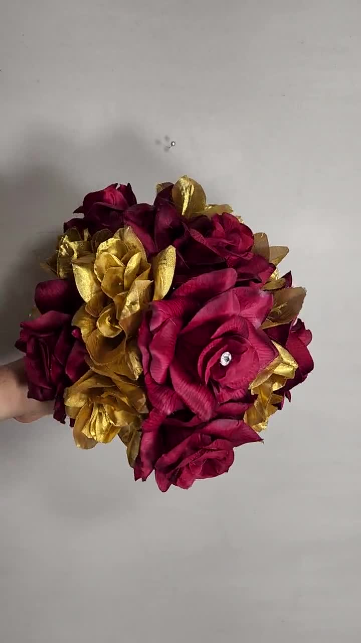 Burgundy Gold Rose Hydrangea Bridal Wedding Bouquet Accessories 