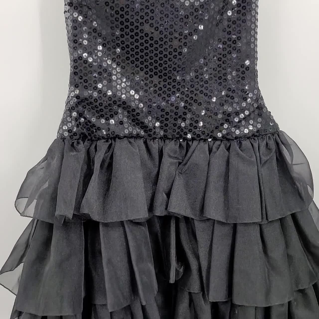 Shops Vintage 80's Tadashi Dress Strapless Sequin Ruffle Mini Black XS Fairy Grunge