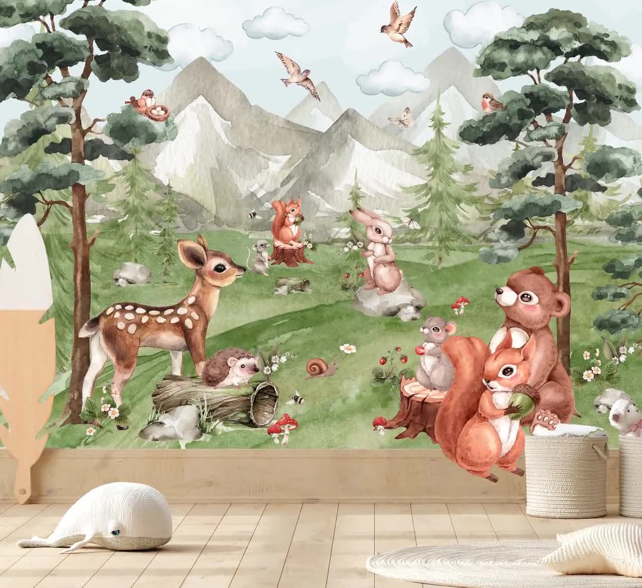 Woodland Wallpaper Nursery, Forest Wallpaper Peel and Stick, Watercolor  Woodland, Kids Removable Wall Mural, image size:1280x1172