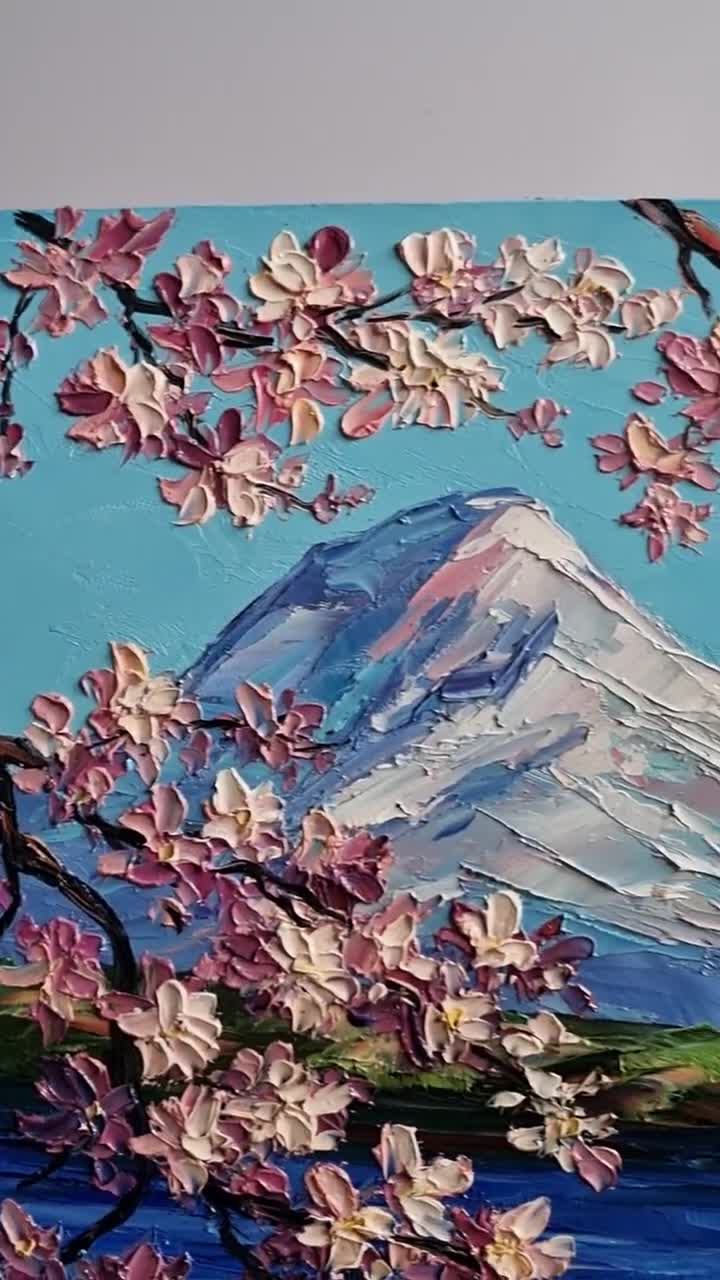 Farmhouse painting Mountain landscape Original Impasto oil art store Sakura Tree Ready to hang large artwork Modern Impressionism Oil on Canvas