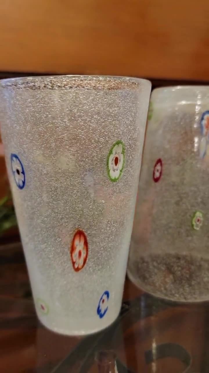 Lot of 2 Murano Millefiori Vintage Drinking 12 oz Blown Bubble Art Glass  Tumbler