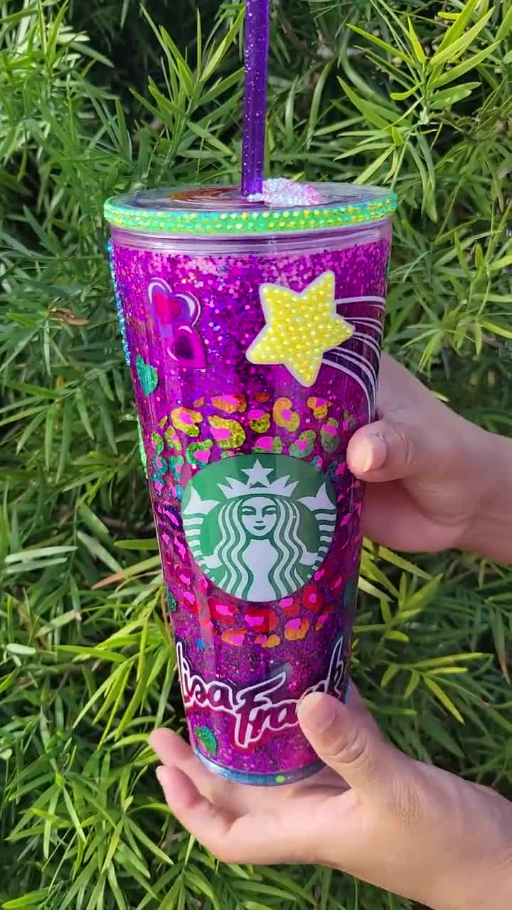 Lisa Frank Starbucks Glass Can Snow Globe Tumbler Rhinestone Lid