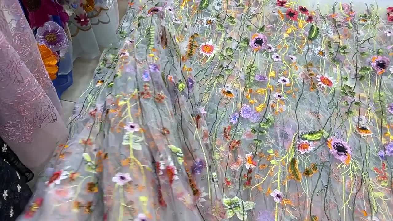 Multicolour Wild Flower Embroidery Tulle Lace Fabric,vintage