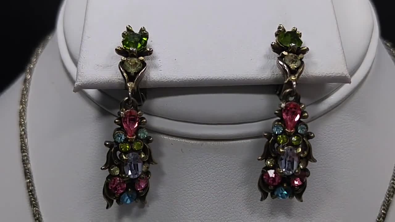 ☆人気☆【VINTAGE HOLLYWOOD】☆All Crystal Color Earcuf.f☆ Hollycraft Pastel Rhinestone Necklace Earrings Set