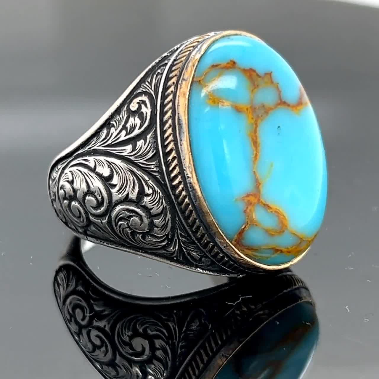 Men Handmade Turquoise Ring , Natural Turquoise Oval Gemstone Ring ,  Handcrafted Ottoman Men Ring , Turkish Handmade , Gift for Him -  Hong  Kong