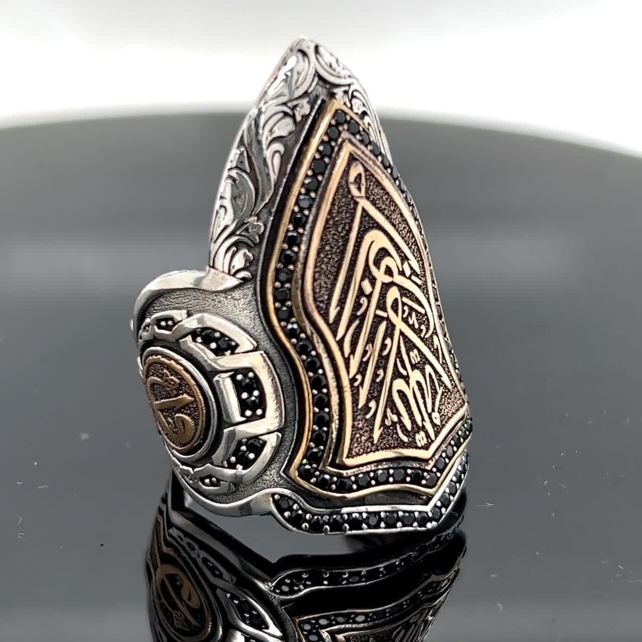 Bague de pouce faite la main Bague Archer en argent Calligraphie arabe Anneau de pouce Hommes Bague Archer en argent Bague en pierre pr cieuse noire Argent 925k