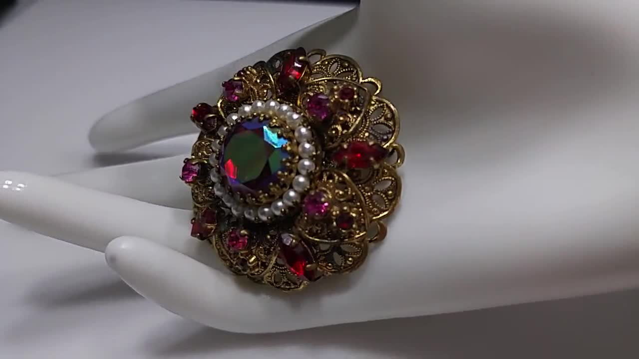 West Germany Red Fire Polished Filigree Brooch, Faux Pearls West Germany Red Fire Polished Filigree Brooch, Faux Pearls