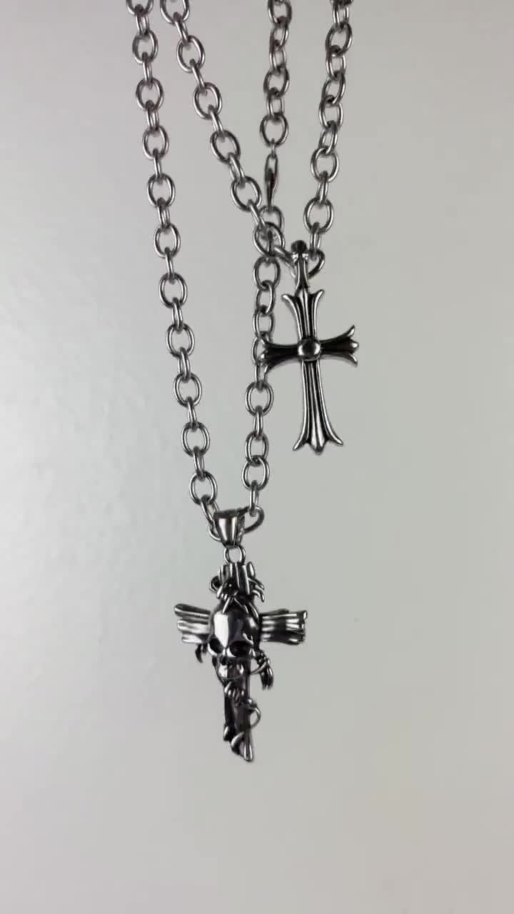 Chunky Silver Cross Necklace / Stainless Steel Cable Link