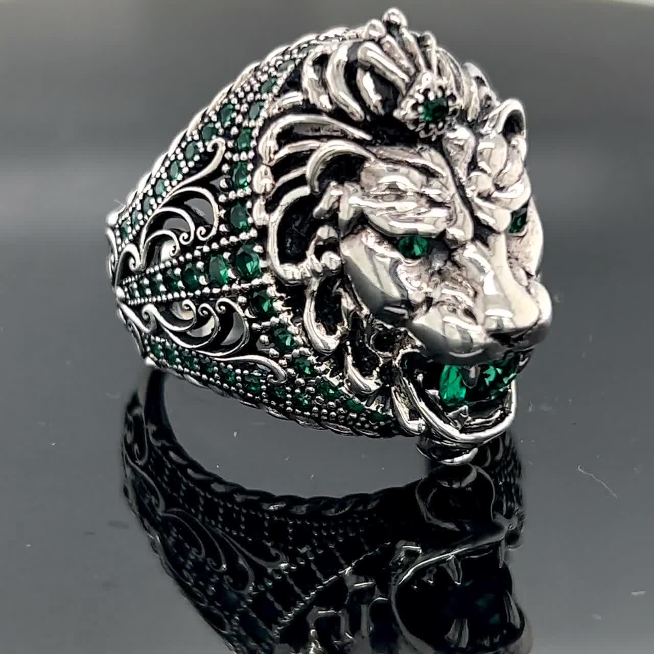 Lion Silver Ring , Handmade Silver Men Rings , Emerald Stone Ring , 925k silver men's ring , Gift , Mens outlet Gift , Ups free express shipping