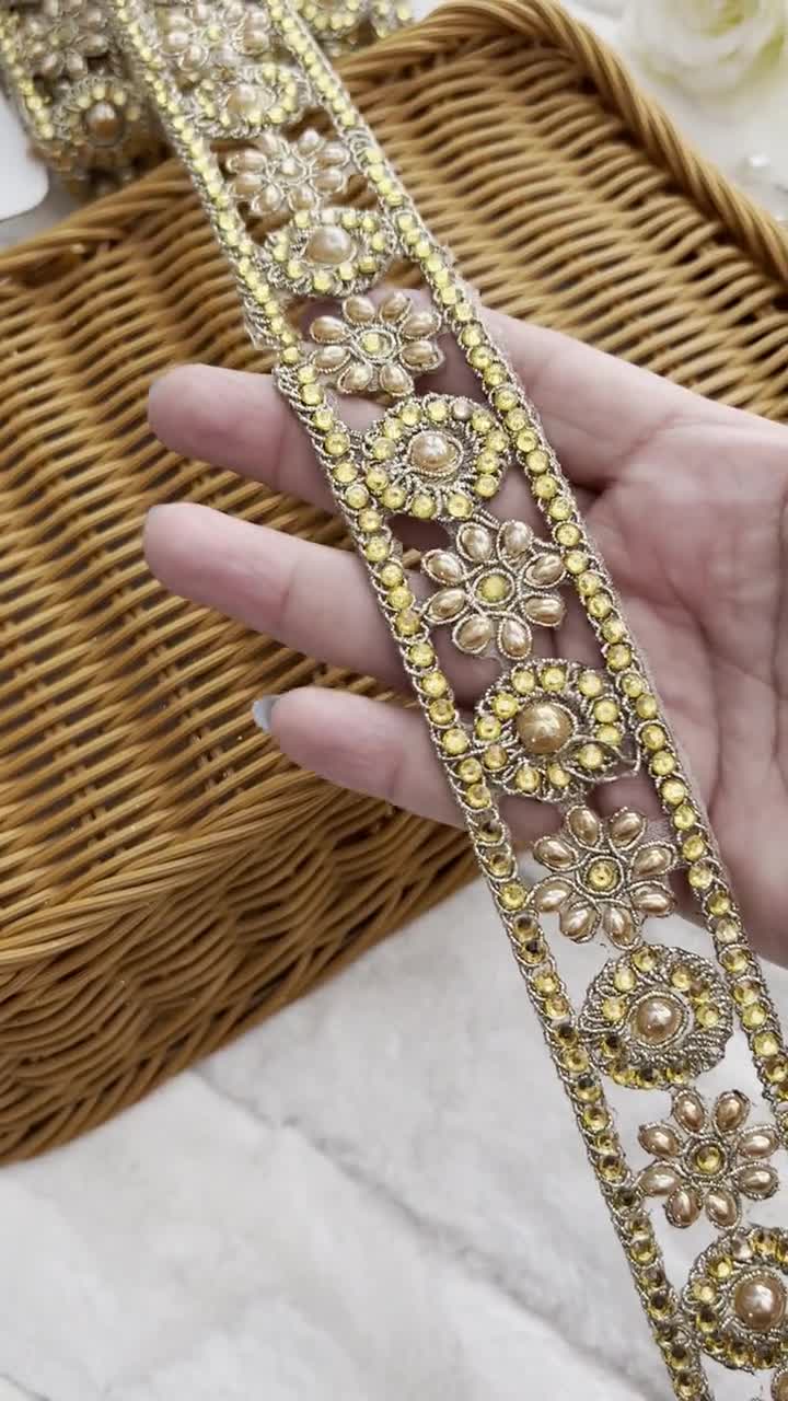 1 Yard Gold Indian Zari Crystal Stone Mirror Pearl Embellished Net