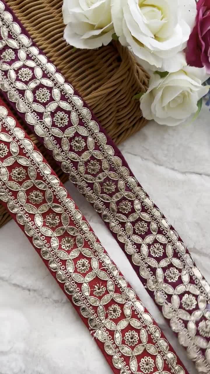 Bridal Wine Indian Gold Zari Embroidered Velvet lace Trim, Sari , Dupatta  Lace, Craft, Sewing Fabric Lace, 3.9 cm 97328LM