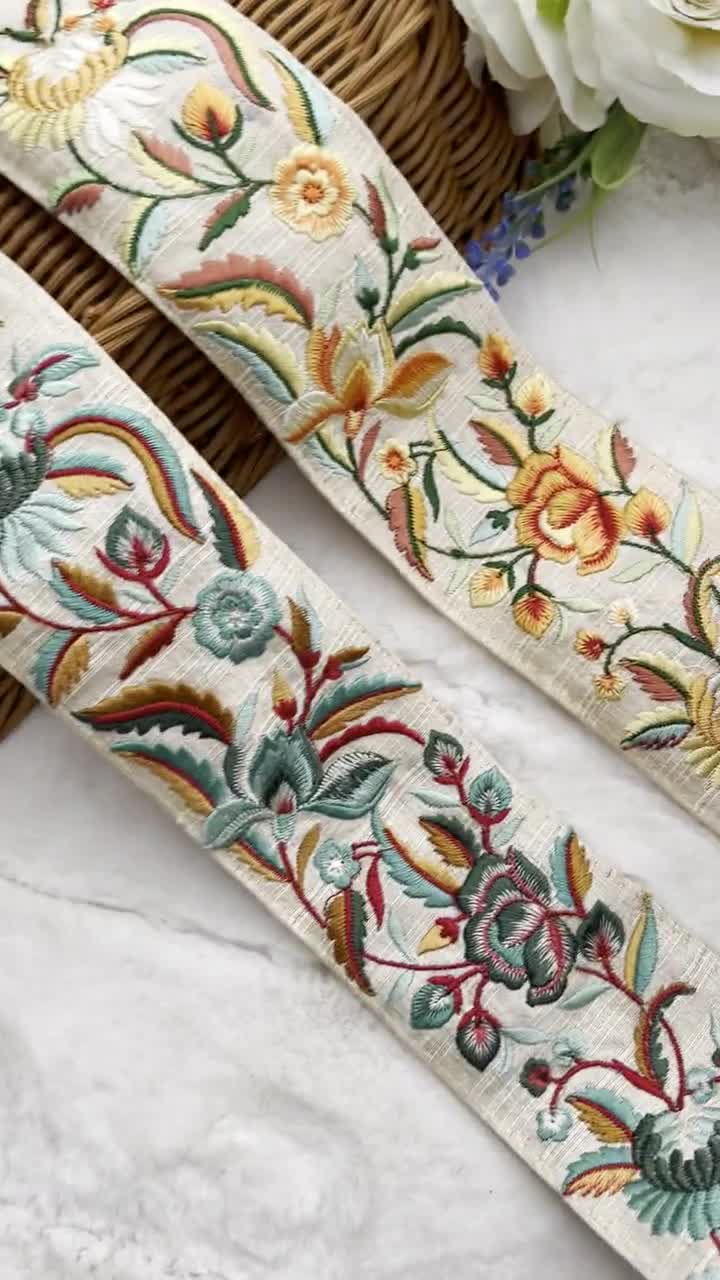 1 Yards Yellow Indian Floral Trim, Green Pink Peach Orange Floral  Embroidered Work lace Trim, Sari Sewing, Craft,6.3 cm Wide