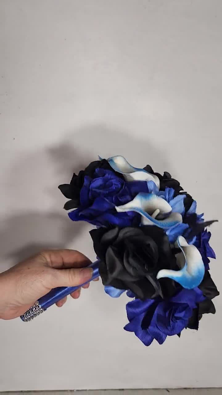 Royal Blue Black Rose Calla Lily Bridal Wedding Bouquet Accessories 