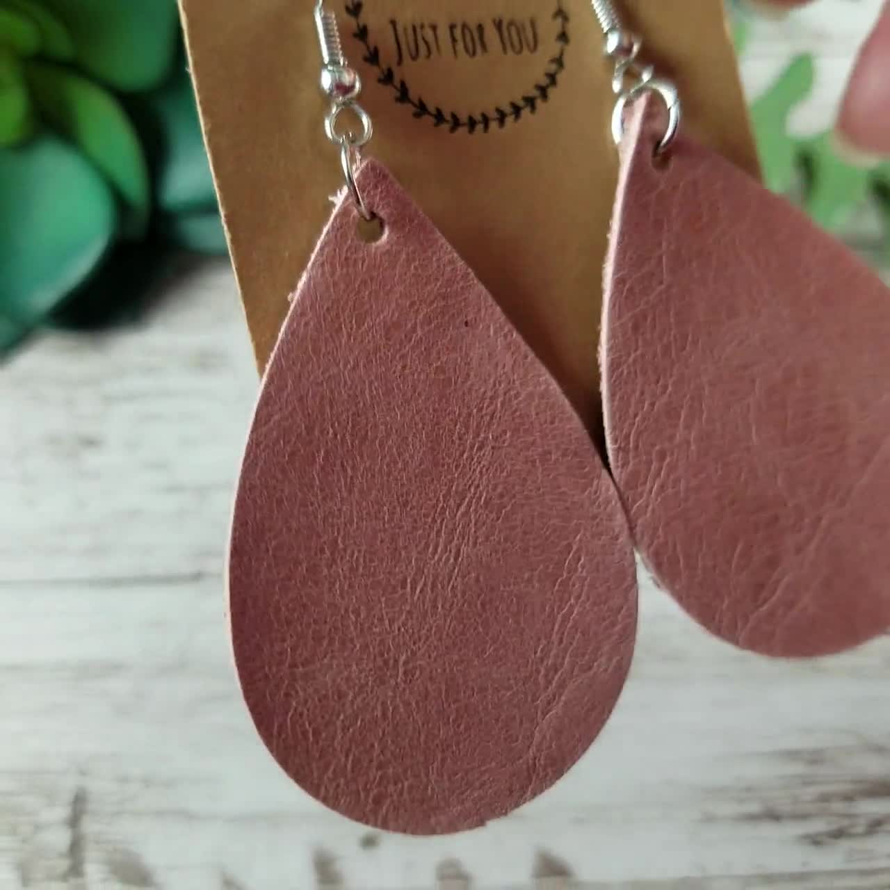 Small Dusty Pink Worn Leather Teardrop Earrings/genuine