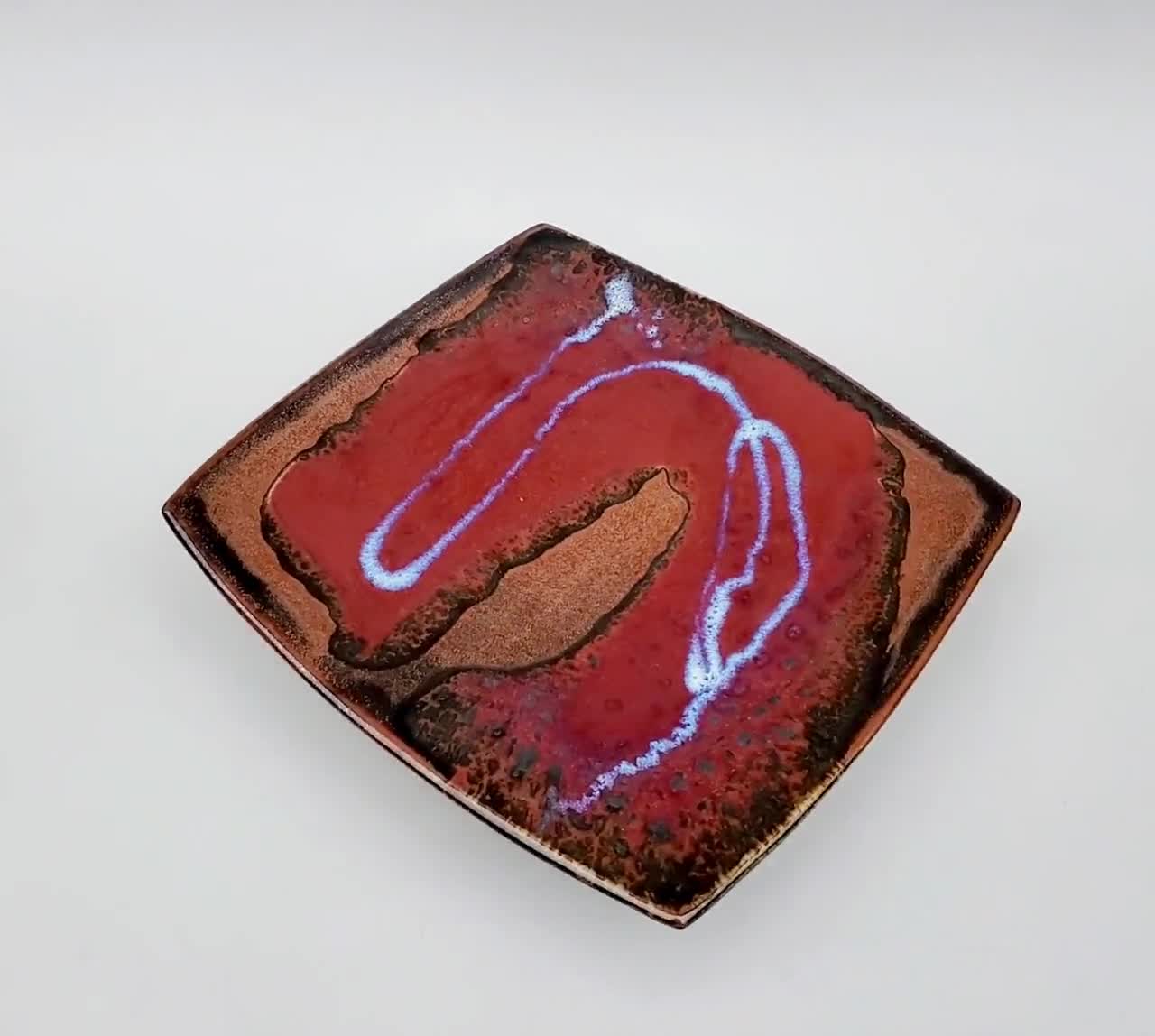 Neely and George Tomkins - Yuma Arizona Studio Pottery Decorated Plate -  Oxblood Red Glaze + Tenmoku Brown - Square Mid Century Design