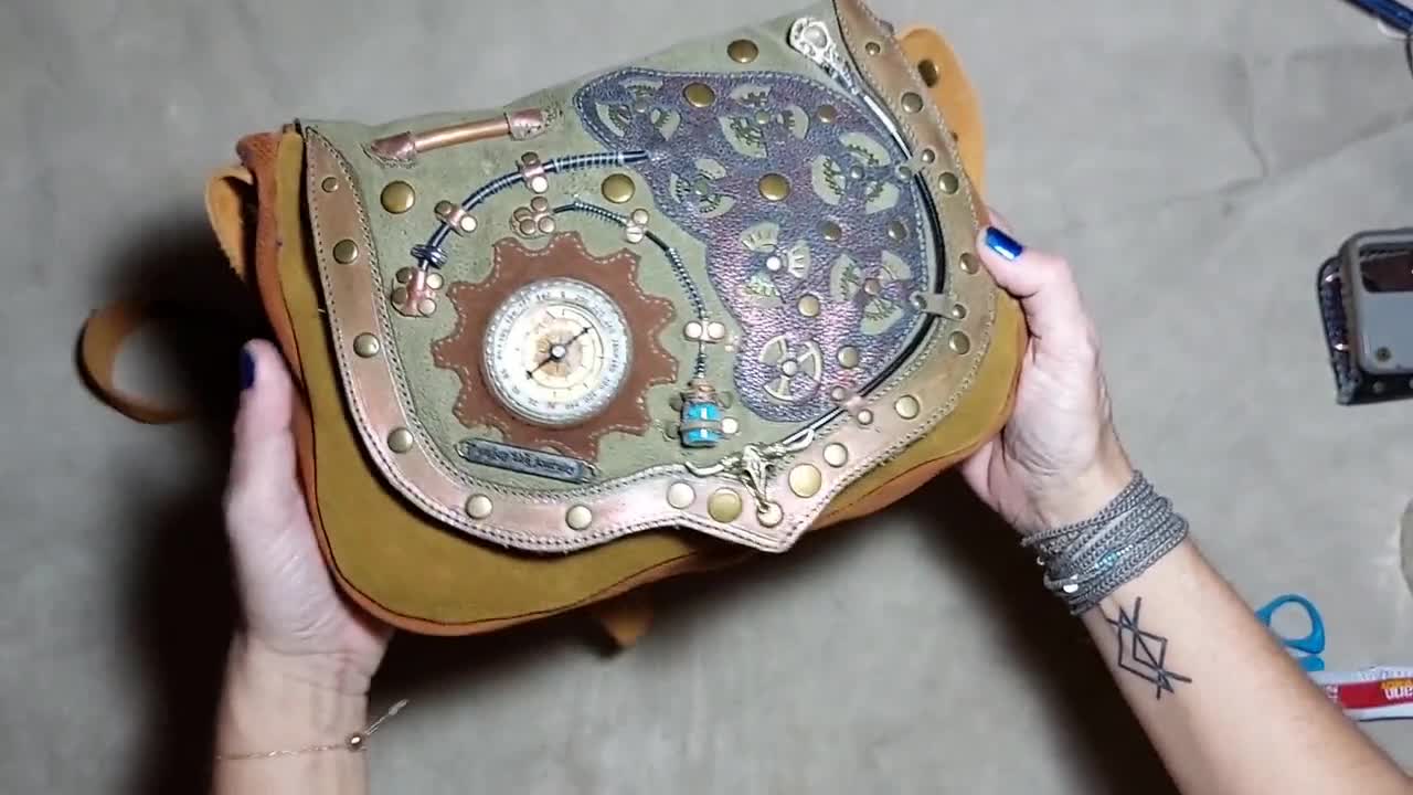 Steampunk Leather Shoulder Bag With Compass Lightweight