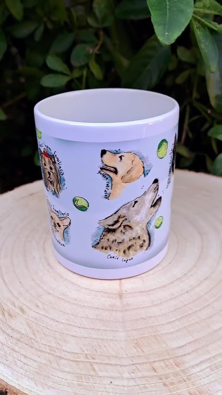 犬の犬の家族コレクションマグ、犬の品種、手描きのイラスト入りギフト