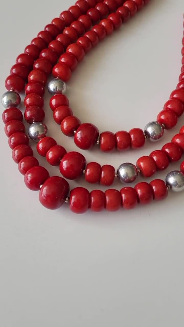 Coral Beaded Necklace, Round Big Coral Beads, Gemstone Jewelry