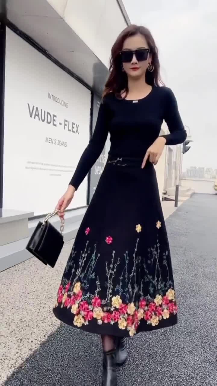 Black Embroidered Midi Wool Skirt, High Waisted Skirt, A