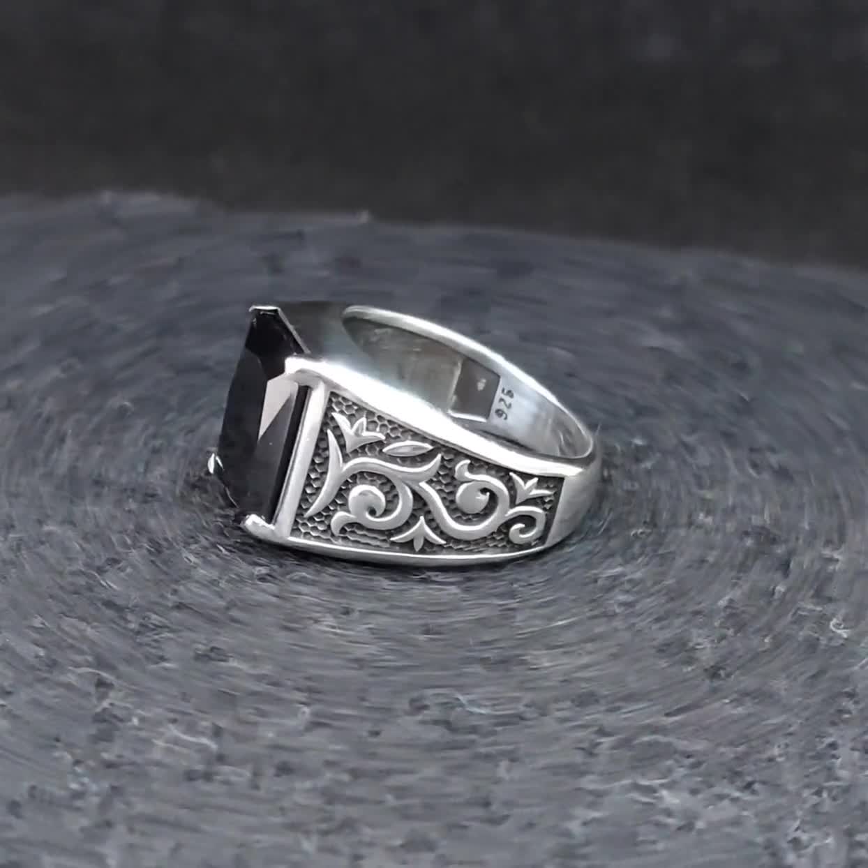 Silver Onyx Stone Ring , Square Black Zircon Stone Ring