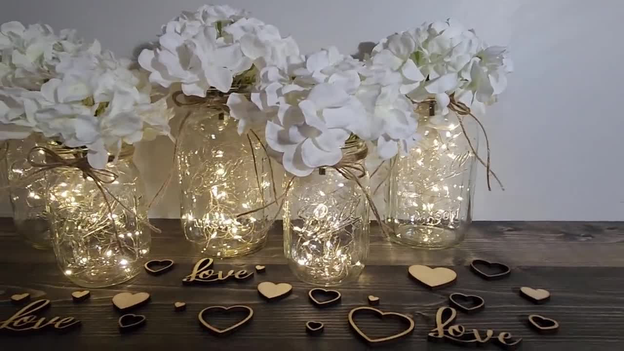 Clear Mason Jars with Fairy Lights and Flowers, Rustic Wedding Table Decor,  Event Table Centerpiece, Floral Fairy Jars, Vintage/Cottage Core